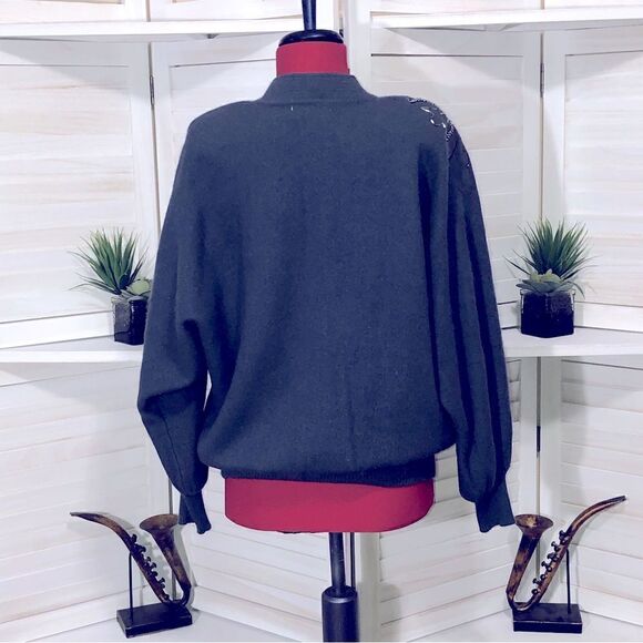 Vintage 80s 90s Gray Embroidered Knit Cardigan Floral Appliqué Medium - Picture 4 of 8